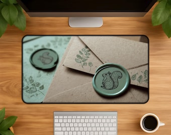 Alfombrilla de escritorio rústica de kraft con diseño de ardilla: alfombrilla de ratón inspirada en el bosque con sellos de salvia y estampados de hojas, el regalo perfecto para los amantes de la naturaleza.