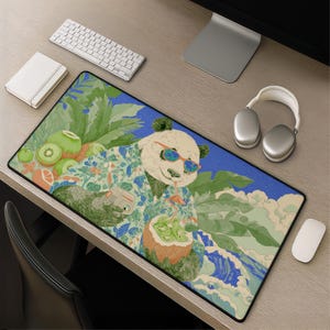May include: A rectangular mousepad featuring a cartoon panda wearing sunglasses and a Hawaiian shirt, enjoying a coconut drink. The design includes tropical fruits, lush green foliage, and a blue sky background. A keyboard, headphones, and a mouse are also visible.