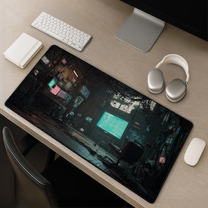 May include: A rectangular desk mat featuring a dark, detailed digital illustration of a cluttered, high-tech room filled with glowing computer screens, tangled cables, and electronic equipment, set on a light wood-grain desk surface.