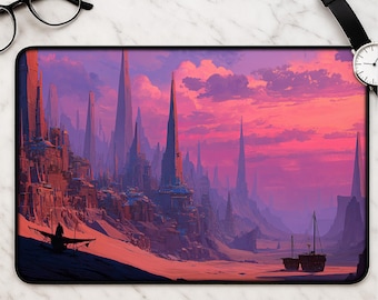 Desert City desk mat - Sunset sci fi canyon landscape large gaming desk mat with magenta sky futuristic city art print collector decor