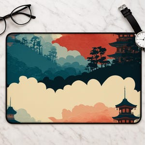 Japanese Pagoda Desk Mat, Zen Wave Mouse Pad, Cloud Temple Landscape, Asian Scenic Extended Keyboard Mat for Serene Office Decor