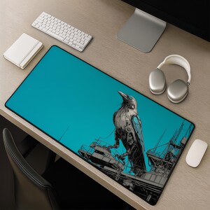 May include: A rectangular desk mat featuring a vibrant teal background with a detailed black and white illustration of a mechanical bird perched atop a complex industrial structure with intricate gears and metallic components visible.