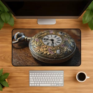 May include: A rectangular desk mat featuring a high-resolution print of an ornate antique pocket watch. The watch face displays black Roman numerals and thin hands, surrounded by intricate gold-toned metal floral engravings and small pink accents.