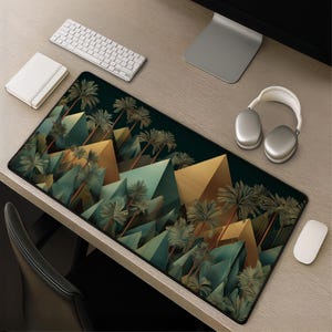 Egyptische piramide bureaumat - art-deco geometrisch palmbladpatroon in goud en blauwgroen grote gaming-muismat luxe print bureaumat