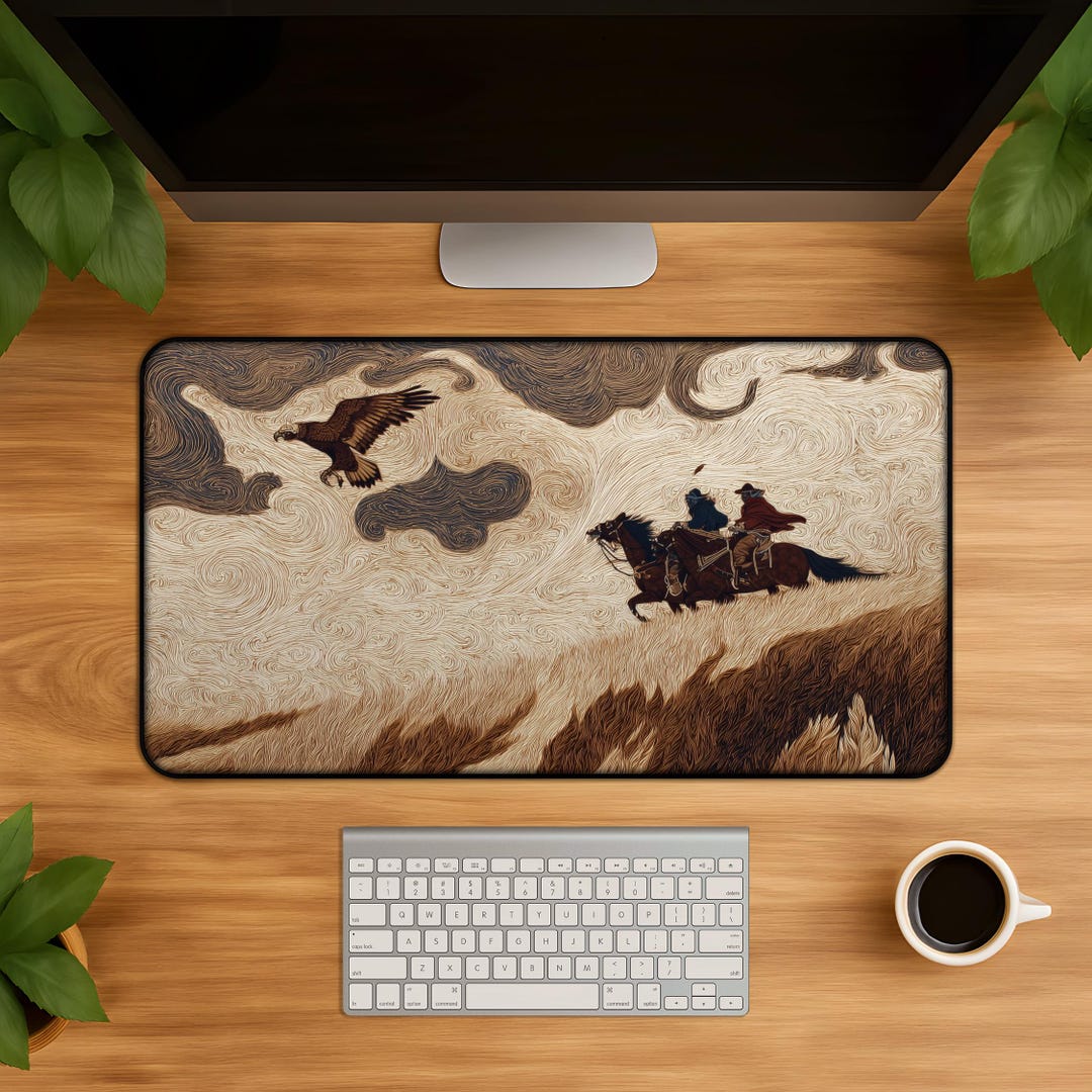 Mongolian Eagle Hunting Desk Mat - Swirling Steppe Art Large Mousepad ...