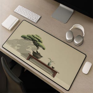 Tapis de bureau Bonsaï, Tapis de souris Zen japonais, Tapis de souris minimaliste avec plantes vertes, Tapis de bureau décoratif pour table basse, Tapis de souris botanique neutre
