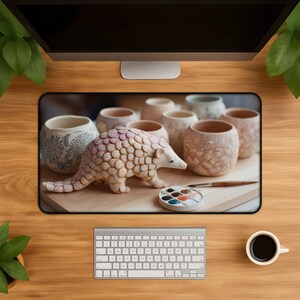 Whimsical Pangolin Ceramic Art Desk Mat - Watercolor Desk Mat Pink Mousepad for Pottery Lovers Cute Animal Gift Large Computer Accessory