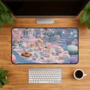 Pastellfarbene Schreibtischunterlage mit Teeparty-Motiv, florales Teekannen-Macaron-Mauspad, rosafarbenes Cottagecore-Mauspad für frühlingshafte Bürodekoration