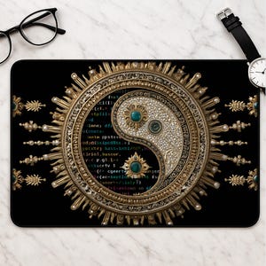 Gold Yin Yang desk mat - maximalist baroque turquoise mandala mousepad luxury desk pad large mouse pad gift for programmers and coders