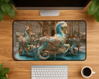 Seepferdchen Schreibtischunterlage verschnörkelter Barock Karussell Kunstdruck in petrol und rosegold luxeriöses Gaming Mauspad eleganter Vintage Stil Büro Geschenk