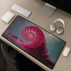 Tappetino da scrivania Nautilus surreale - Arte astratta di conchiglie oceaniche rosa, tappetino per mouse da gioco, regalo fantasy per giocatori e appassionati di arte fantasy, decorazione per la scrivania