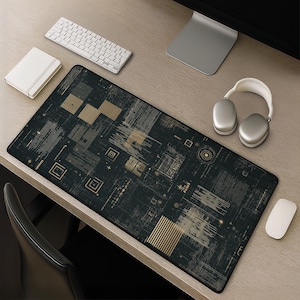 May include: A rectangular desk mat featuring a dark black background with a gold-colored digital circuit board pattern. The design includes various geometric shapes, thin lines, and data-like markings spread across the entire surface area.