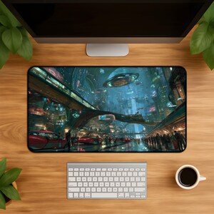 Futuristic Neon City desk mat - Cyberpunk Urban Gaming Mousepad Neon Skyline Desk Decor Sci Fi Gift for Gamers and Tech Lovers