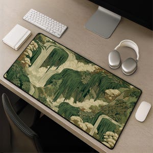 Waterfall Forest Nature Desk Mat - Serene Green Traditional Landscape Mouse Pad for Gaming and Gift for Nature Fans Zen Gaming Setup Decor