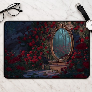 Dark Enchanted Rose Garden Desk Mat - Gothic Fantasy Mouse Mat Magic Mirror Floral Gaming Desk Pad Romantic Gift for Fantasy Lovers
