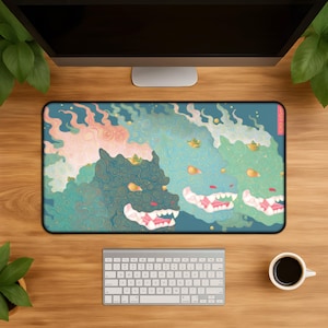 Mythic Dragon Desk Mat Gaming - Colorful Asian Fantasy Mouse Pad Gift for Gamers Desktop Decor Workspace Setup and Workstation Mousepad