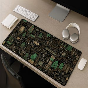 Cyberpunk Circuit City skrivbordsmatta, smaragdguld PCB-karta musmatta, svart Tech Skyline musmatta, futuristisk skrivbordsmatta present till spel