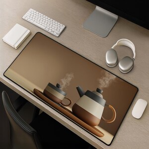 Tappetino da scrivania a forma di teiera, tappetino per mouse in ceramica con set da tè e vapore che sale, decorazione minimalista marrone per la cucina, tappetino per mouse neutro per ufficio per scrivanie tranquille