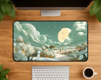 Sage Green Cloud Schreibtischmatte - wunderliches Katzenforscher Mond Laternen Goldstaub Landschaft großes Mousepad Künstler Gamer kawaii Geschenk