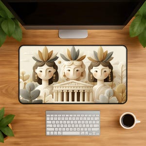 May include: A rectangular desk mat featuring three stylized female figures with ornate headdresses and a classical building. The color palette includes beige, brown, and gold tones. A keyboard and a cup of coffee are also visible.