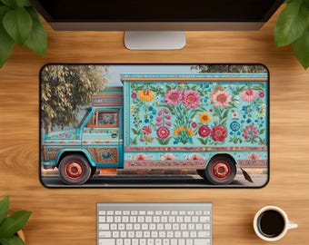 Florale Truck Art Schreibtischmatte - buntes Pakistan inspiriertes großes florales Border Mauspad für Home Office Gaming lebendiges Boho Schreibtisch Accessoire