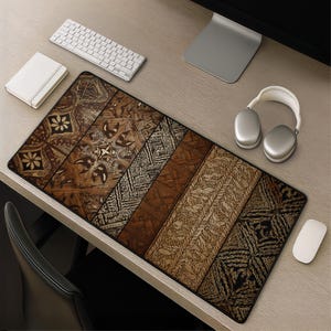 Samoan tapa cloth desk mat - Polynesian tribal pattern mousepad large brown geometric floral design island inspired gift for gamers office