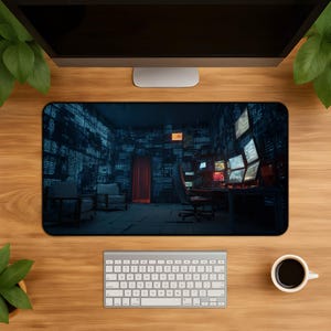 May include: A rectangular desk mat featuring a digital illustration of a dark, futuristic room filled with glowing blue server racks, multiple computer monitors on a desk, and two chairs, set against a backdrop of a wooden desk surface.