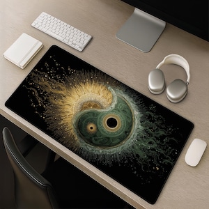 Mystic Yin Yang Desk Mat - Sun Moon Mandala Desk Pad Large Mouse Pad Cosmic Zen Art Gift Mousepad Abstract Black Gold Decor Design