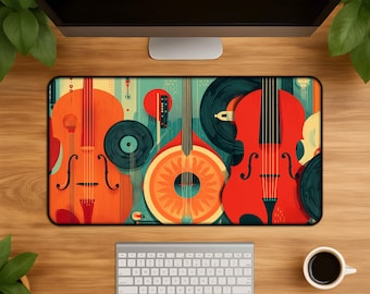 Retro Musik Schreibtischmatte Geschenk - Extra Großes Mousepad mit Gitarren Geigen Schallplatten für Musiker Gaming Einrichtung Dekor Bunte Retro Pop Art