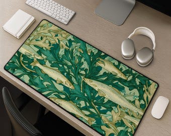 Jugendstil Schreibtischunterlage Seetang Wald Fisch Muster Ozean Illustration Mousepad großes Gaming Pad Küsten Geschenk für Naturliebhaber Schreibtisch Accessoire