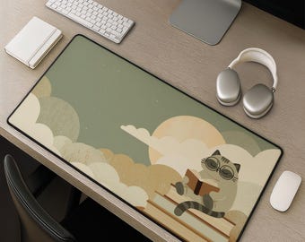Cat desk mat reading cat illustration - olive cream clouds golden moon soft pastel book lover mousepad gift extra large desktop mat