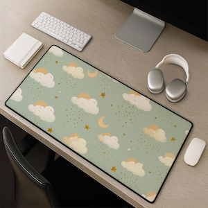 Cute Cloud Moon Desk Mat - Pastel Mint Kawaii Watercolor Mouse Pad Baby Shower Gift Dreamy Sky Decor for New Parents Kawaii Desk Decor