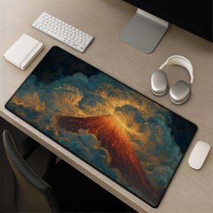 Volcanic Eruption Desk Mat - Dramatic gold cloud artwork sapphire night sky lava gaming mousepad large desk mat for artists and gamers gift