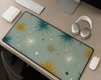 Mid Century Starburst Schreibtischunterlage - Retro Atomic Pattern Mousepad Große Schreibtischunterlage Teal Mustard Vintage inspirierte grafische Oberfläche für den Arbeitsplatz