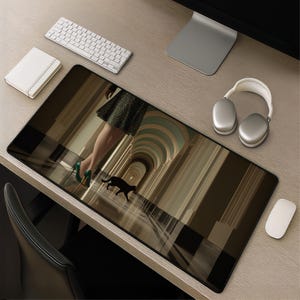 May include: A rectangular desk mat featuring a printed image of a person wearing a dark green skirt and bright green high-heeled shoes standing in a long, arched hallway with a black cat walking nearby on the polished floor surface.