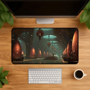 Könnte beinhalten: Rechteckige Schreibtischunterlage mit einer detaillierten Fantasy-Illustration einer großen Halle mit leuchtenden Kugeln und hängenden Laternen. Die Matte ist von einer Tastatur, einer Kaffeetasse und einem Computermonitor umgeben, alles auf einem Holzschreibtisch.