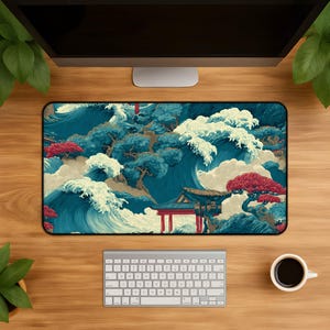 Japanese Wave Desk Mat, Temple Gate Mousepad, Teal Ocean Cloud Landscape, Red Blossom Zen Art, Extended Keyboard Mat Decor for Office