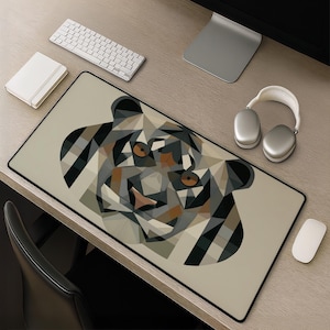 Geometric Tiger Desk Mat, Low Poly Wildlife Mousepad, Angular Stripes Mouse Pad in Black White Gray Brown, Big Cat Gift, Office Decor