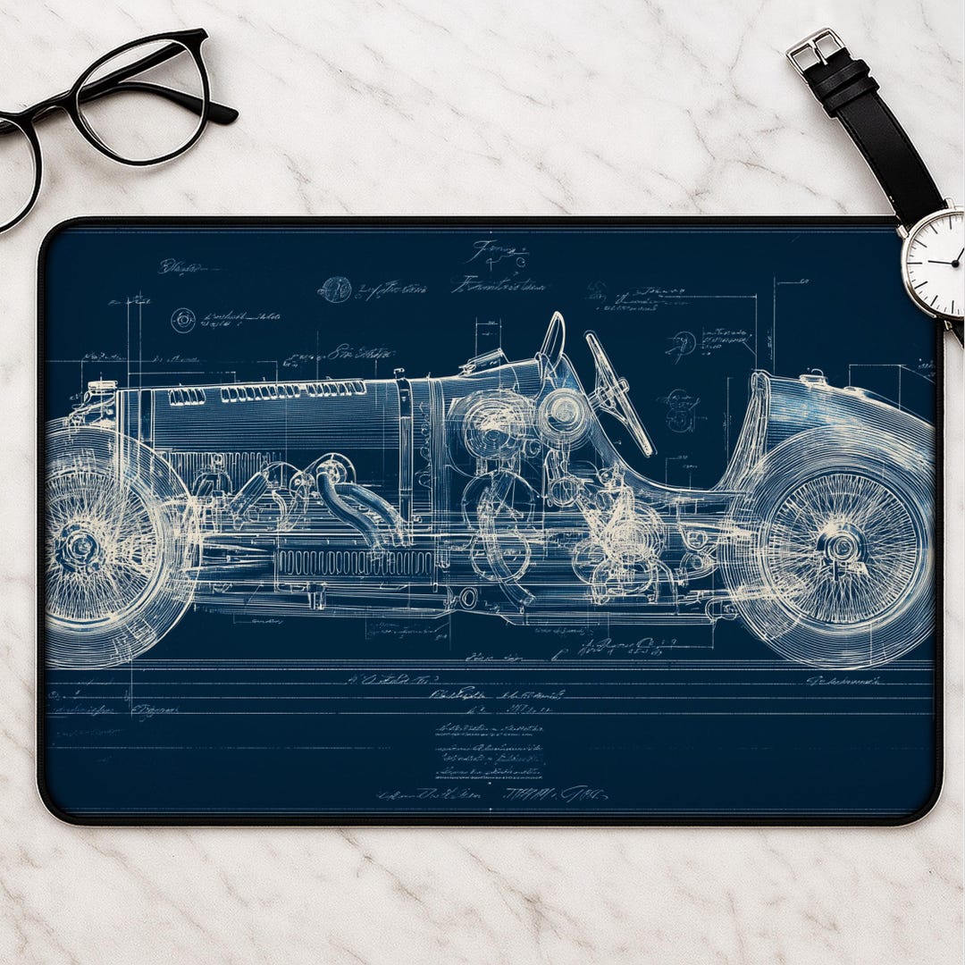 Blueprint Table Mat Vintage Race Car Desk Mat - Blueprint Mouse Pad Classic Car Gift for ...