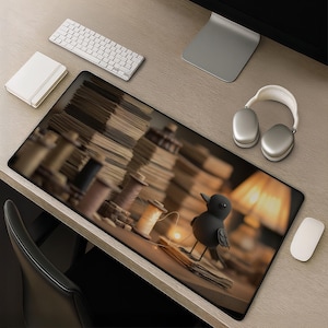 May include: A rectangular desk mat featuring a printed image of a black bird figurine standing on a surface near wooden spools of thread and stacks of books. The scene is illuminated by a warm light source, creating a soft, blurred background effect.