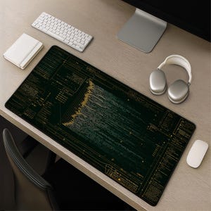 May include: A rectangular desk mat featuring a dark green and black background with a complex digital interface design. The surface displays intricate lines of code, technical data, and geometric patterns in shades of gold and light green.