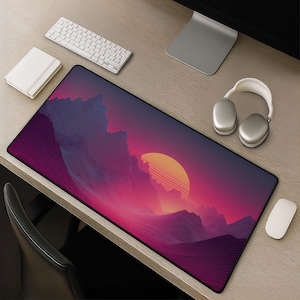 Retro Sunset Desk Mat XL - Neon Synthwave Mountain Sunset Scene Gaming Mousepad Gift For Gamers Purple Aesthetic Computer Desk Accessory