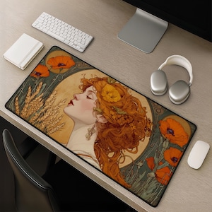 Art Nouveau Poppy Goddess Desk Mat - Vintage Floral Mousepad Redhead Portrait Gift Desk Pad Large Computer Accessory for Creative Workspace