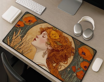 Art Nouveau Poppy Goddess bureauonderlegger - vintage bloemen mousepad roodharige portret cadeau bureauonderlegger groot computeraccessoire voor creatieve werkruimte