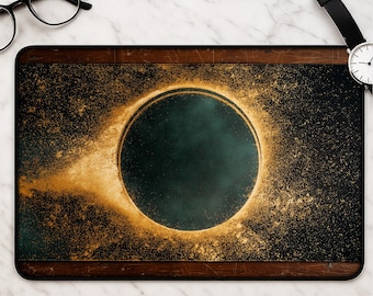 Eclipse Schreibtischunterlage mit goldenem Corona Mond Gaming Schreibtischunterlage cosmisch großer Schreibtischunterlage Cosmic Office Accessoire Art Print
