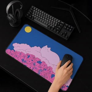 Kawaii Cat Cloud Desk Mat, Pink Village Mouse Pad, Blue Night Sky Moon Mousepad, Cute Pastel Surreal Town Pop Art Keyboard Mat