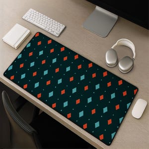 Retro Diamond Pattern Desk Mat, Orange Blue Geometric Mouse Pad, Minimalist Dark Lozenge Grid Keyboard Mat for Clean Desk Setup