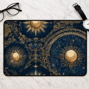 Celestial Desk Mat, Gold Moon Mousepad, Vintage Sun Star Zodiac Pattern, Art Deco Floral Scrollwork, Large Mouse Pad for Desk