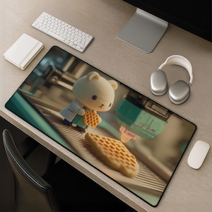 May include: A rectangular desk mat featuring a printed graphic of a small, light-colored bear character wearing a white coat, standing on a conveyor belt and holding a waffle, with a teal machine nearby and another waffle on the belt.