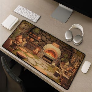 May include: A rectangular desk mat featuring a detailed illustration of a rustic stone kitchen interior with a glowing brick oven, wooden shelves filled with clay pottery, and a stone floor, set on a desk with a keyboard, mouse, and headphones.